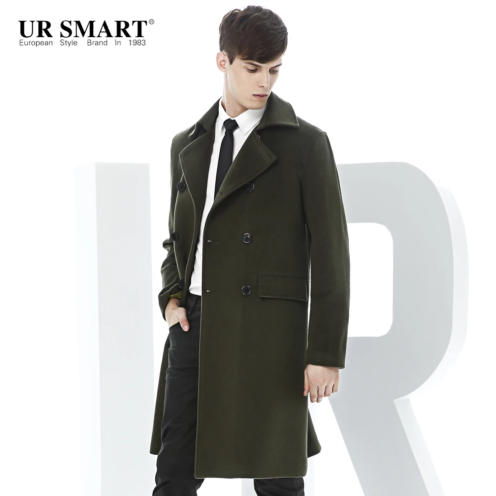 URSMART double breasted coat male army green long men wool