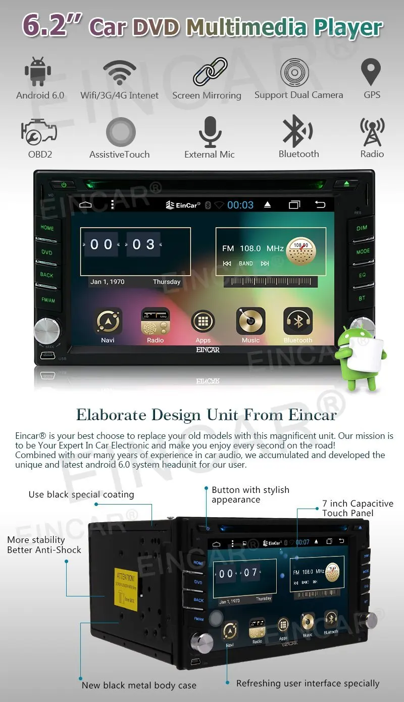 Perfect Car double 2din autoradio 2din android 6.0 car dvd player stereo GPS Navigation WIFI+Bluetooth+Radio+3G+TV (Option) Free Map CAM 1