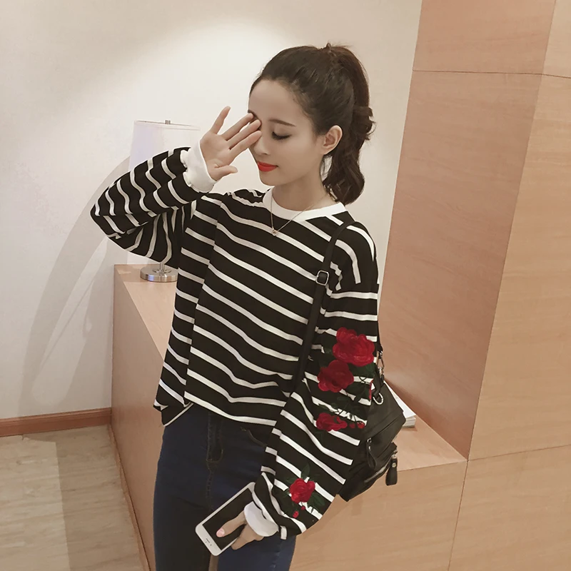 Roses Embroidery Lantern Sleeve Loose Striped Women Sweatshirt (17)