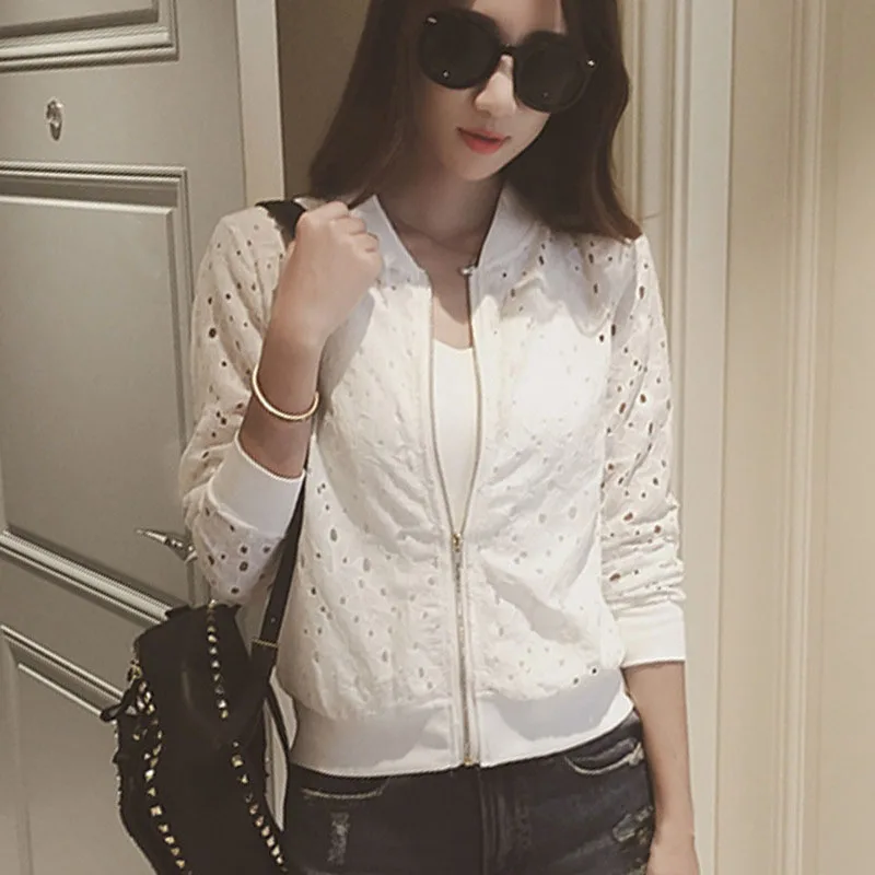 Droppshiping Fashion Women Bomber Jacket Long Sleeve Lace Sunscreen Shirt Short Summer Thin Coat Casual Baseball Coat BFJ55