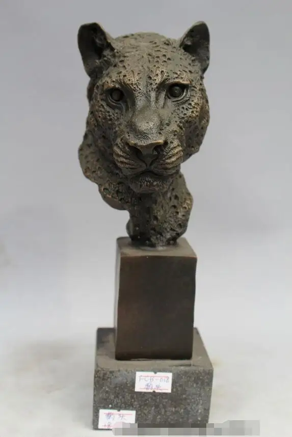 9" Bronze Artwork Crafts Animal Leopard Head Panther Cheetah Sculpture