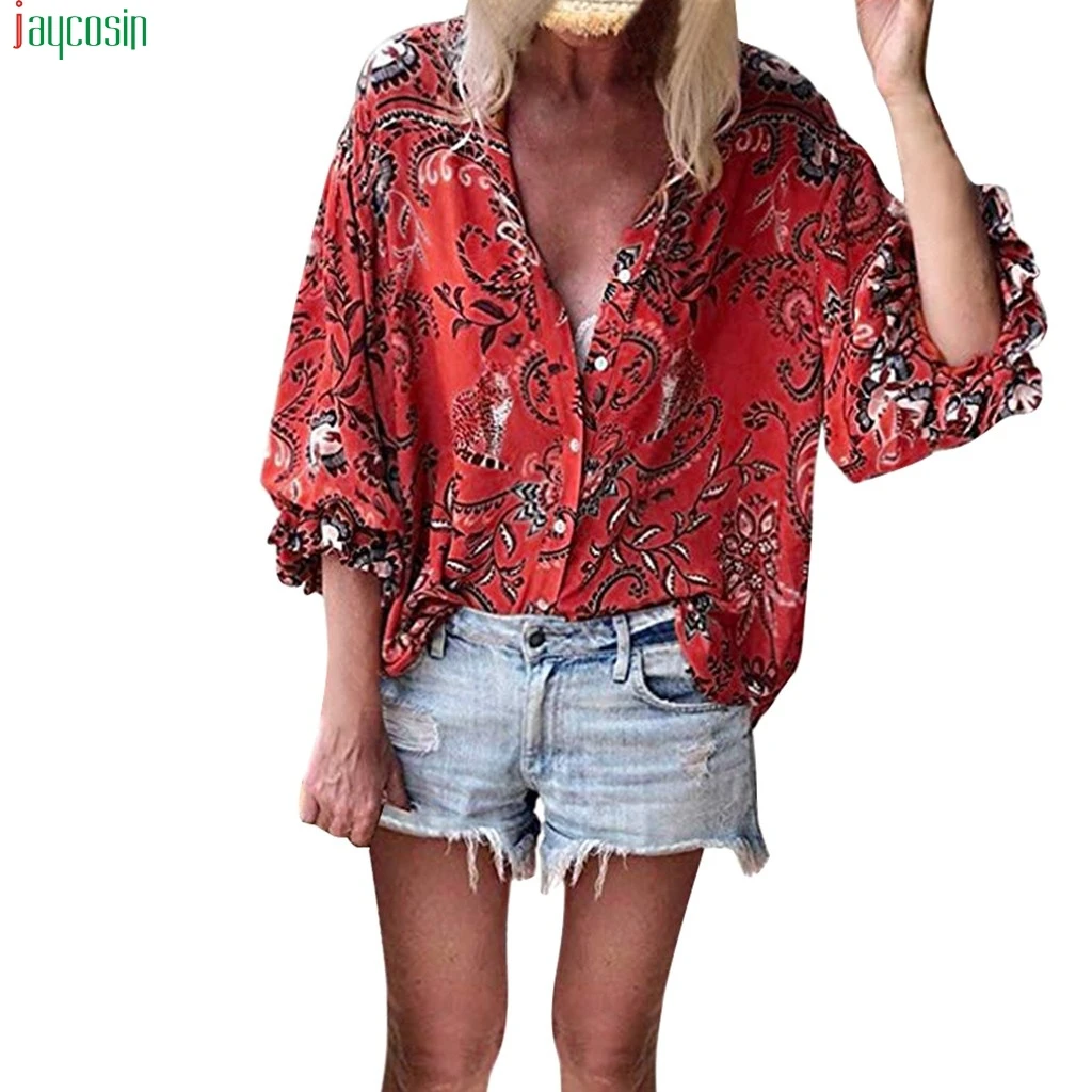 JAYCOSIN Blouse Womens Button sexy V-Neck Floral Print Tops Ruffle Sleeve Summer Shirt Blouses Femme Streetwear 2019 new fashion | Женская