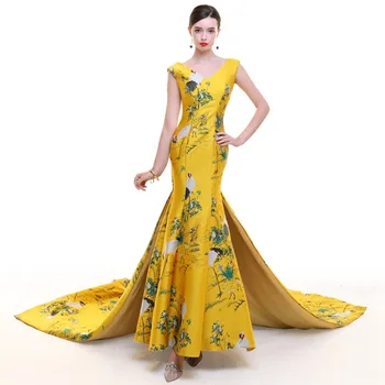 

Sexy Women Slim Flower Cheongsam Exquisite Female Floor Length Evening Dress Noble Stage Show Costumes V-Neck Banquet Vestidos