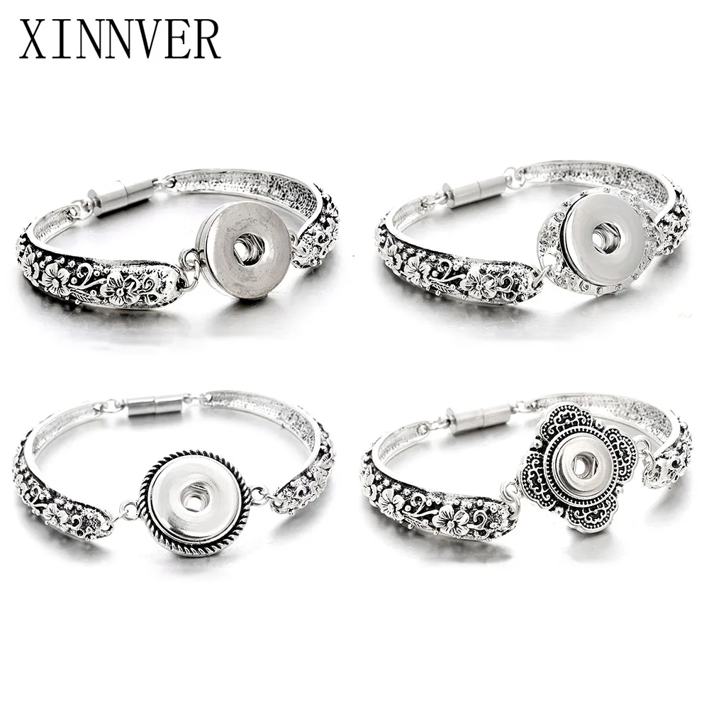 Wholesale Snap Jewelry Silver 18mm Snap Buttons Bracelet Flowers Carved Vintage Snap