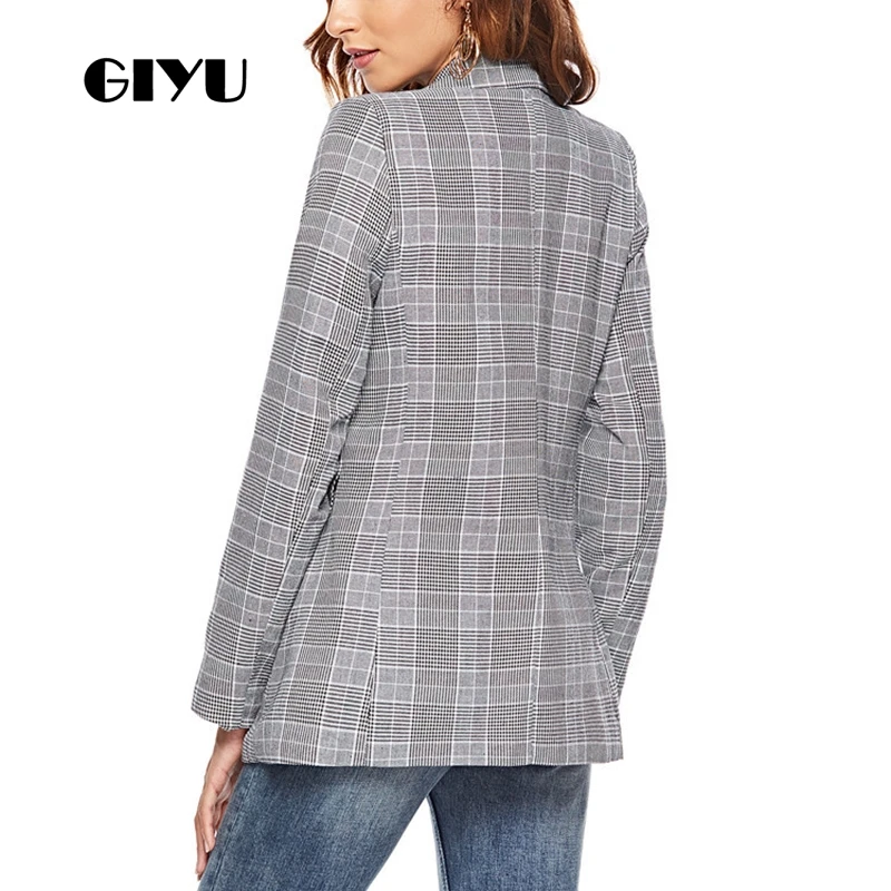 GIYU Spring Women Gray Plaid Printing Blazer Long Sleeve Double Breated Jackets Sexy Slim Tops Casual camiseta mujer