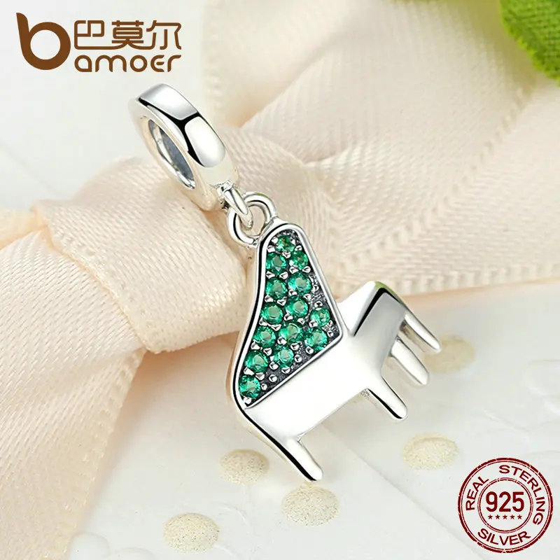 BAMOER Real 925 Sterling Silver Green Clearly CZ, Music Piano Pendant Charms fit Bracelets Women Fashion Jewelry SCC111