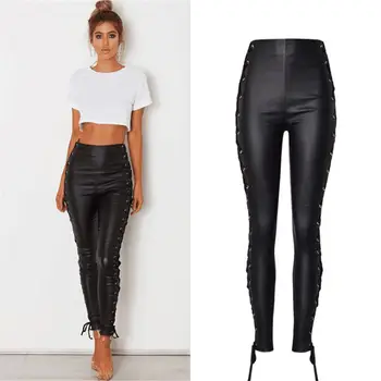 

SupSindy Women PU leather pants high waist Black Leggings wild Slim pencil pants skinny leather pants for women lace up trousers