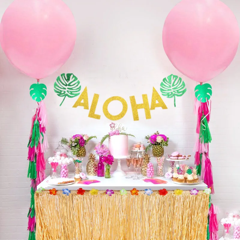 فلامنغو الاستوائية حزب ألوها الذهب ورقة بريق (جلتر) ورقة لافتة أحرف هاواي لوا حزب الرايات الطوق ألوها الشاطئ حزب ديكور