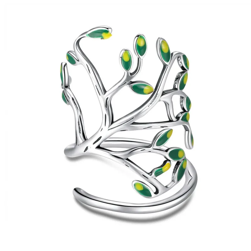 

ABAY Authentic 925 Sterling Silver Tree of Life Green Tree Leaves Adjustable Finger Rings for Women Sterling Silver Jewelry