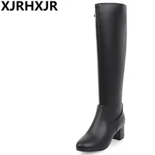 XJRHXJR/модные сапоги для верховой езды на квадратном каблуке женские высокие сапоги в стиле ретро с боковой молнией женские сапоги до колена из PU искусственной кожи черного и белого цвета 34-45
