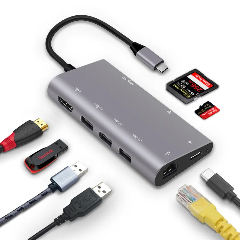 8-in-1 USB C Adapter with 4K HDMI1Gbps RJ45 Ethernet Port USB 3.0 SD/TF Card Reader100W PD Charging Port