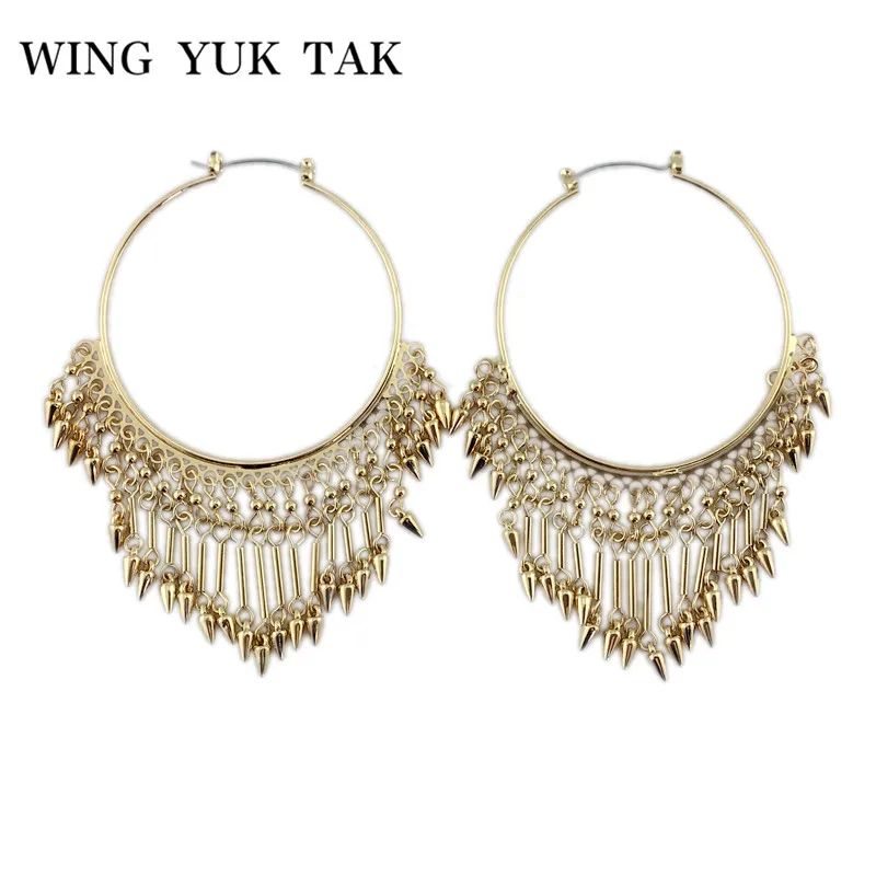 Большие круглые серьги кольца wing yuk tak панк кисточка золотого цвета с заклепками