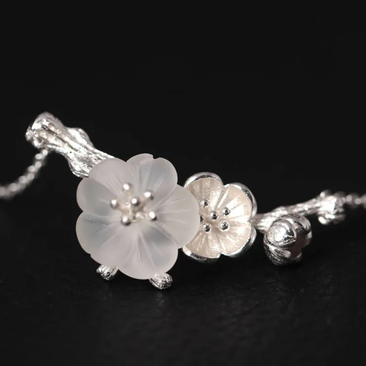 

Chinese style handmade silver natural stone necklace plum 925 pure silver necklace