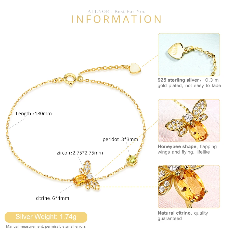 ALLNOE Bee 5X7mm 100% натуральный Овальный цитрин серебро 925 пробы ювелирное изделие