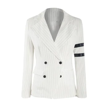 

Spring Fashion Slim Contrast Color Striped Double-breasted Long Sleeve SML XL XXL Notched Woman Casual Blazers Lady Jacket