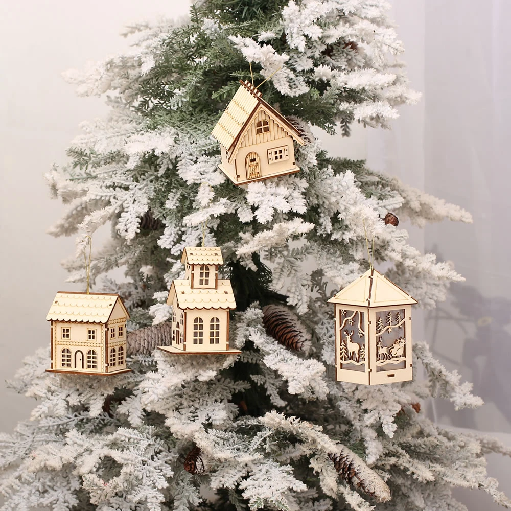Merry Christmas Wooden House With LED Light Christmas Tree Hanging