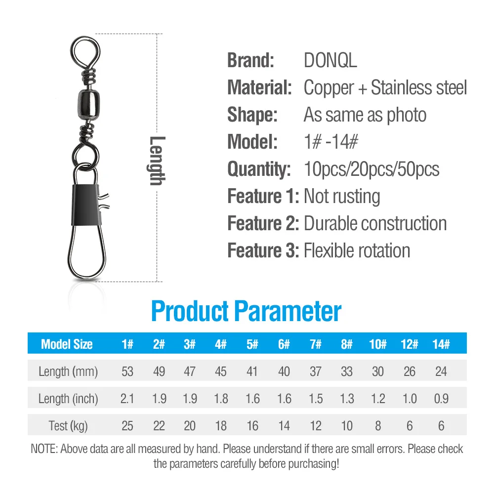 DONQL 10/20/50 шт рыболовные Вращающийся шарнир роликовых подшипников карабин 1#14-# рыболовные блесны на карпа рыболовные принадлежности