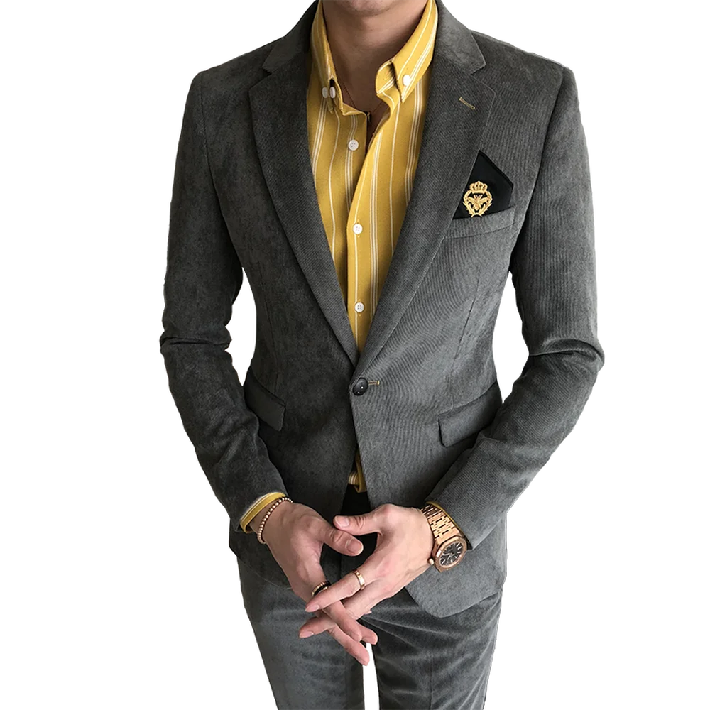 

2018 Latest Coat Pant Design Grey Men's Suit Slim Fit Tuxedo Skinny 2 Piece Formal Suits Suede Blazer Vestidos Jacket+Pant
