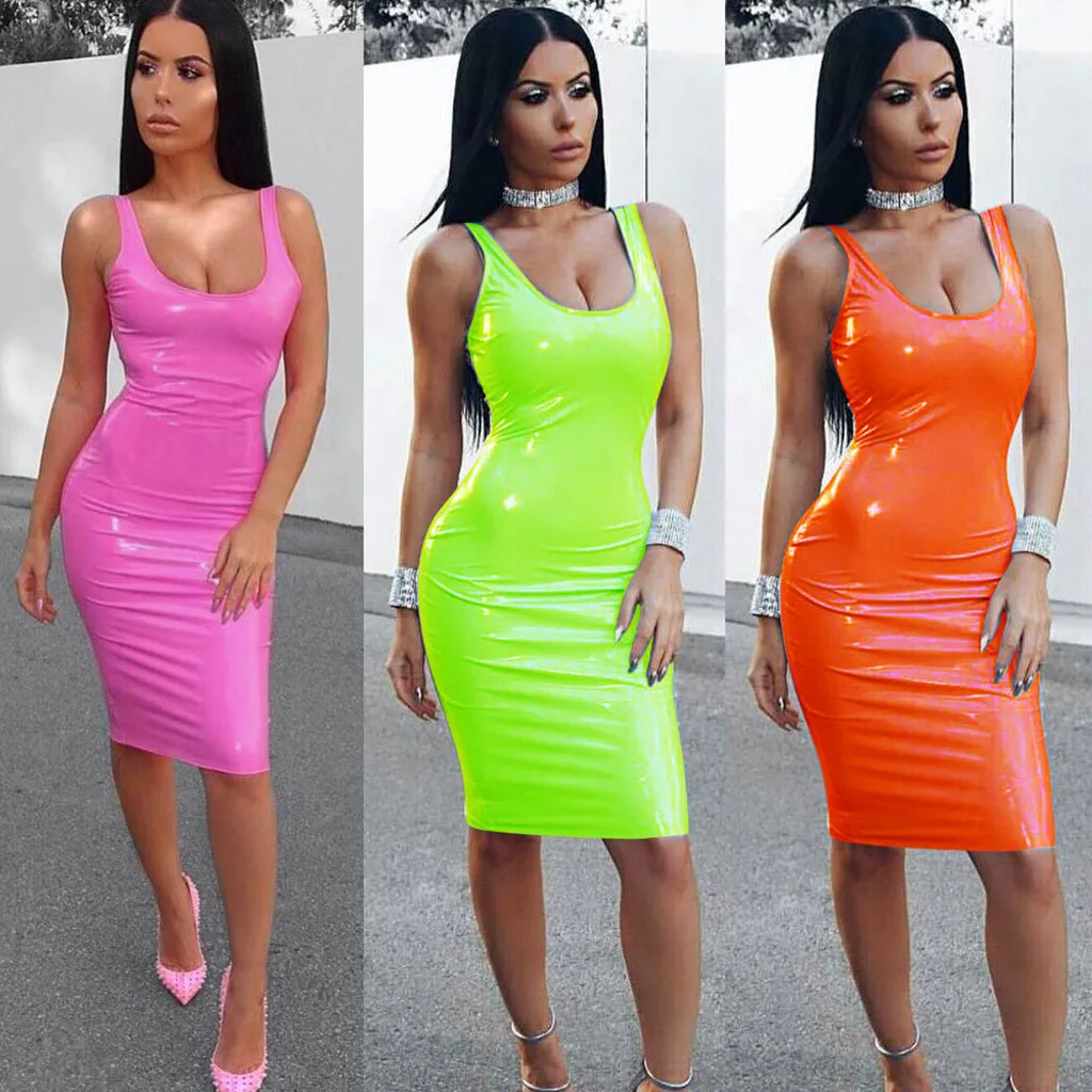 

feitong 2019 New listing Women Night Club Sexy Solid Leather Wetlook Night Club Bodycon Party Knee-Length Dress Vestidos #111