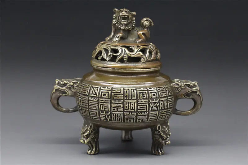 

China BRASS Handwork Incense Burner w dragon head lion censer qian long Mark Healing Medicine Decoration 100% Brass BRASS