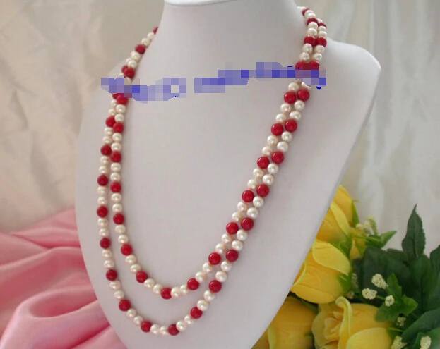 

Free shipping stunning long 50" 8mm round white freshwater pearls red coral necklace g8