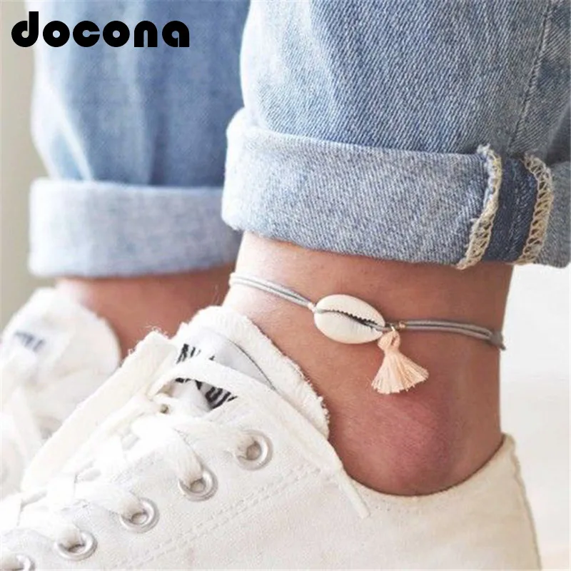 Docona Boho Tassel Shell подвеска ножной браслет для женщин и девушек серая веревка регулируемые ножные браслеты пляжные украшения для ног 6763