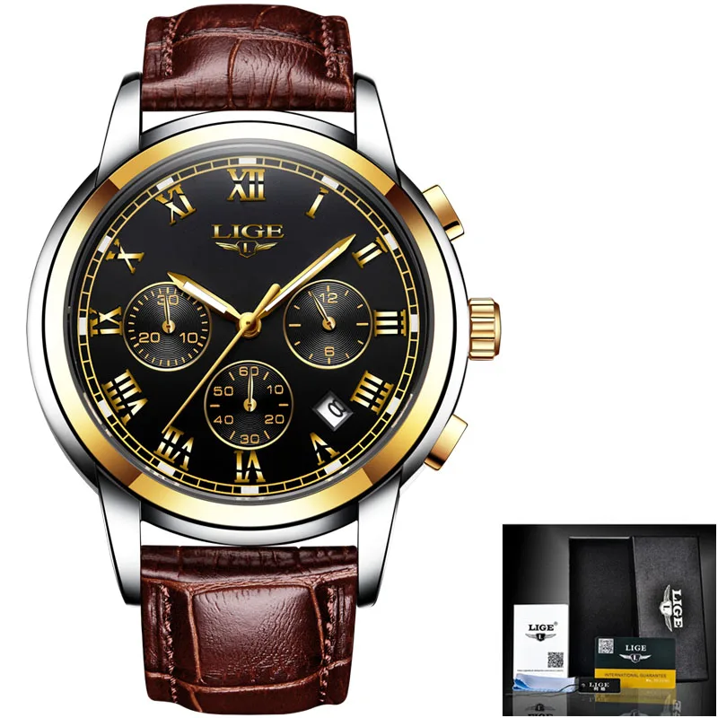 Relojes Hombre LIGE, Брендовые мужские часы, автоматические механические часы, Tourbillon, спортивные часы, кожаные, повседневные, деловые часы в ретро-стиле - Цвет: Gold black