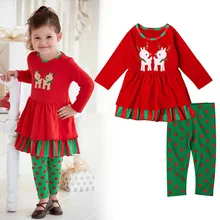 2016 Red Girls Clothes Set Dot Dresses+Leggings Suit Christmas Deer Kids Clothes Set Children Clothing Christmas Party Costume