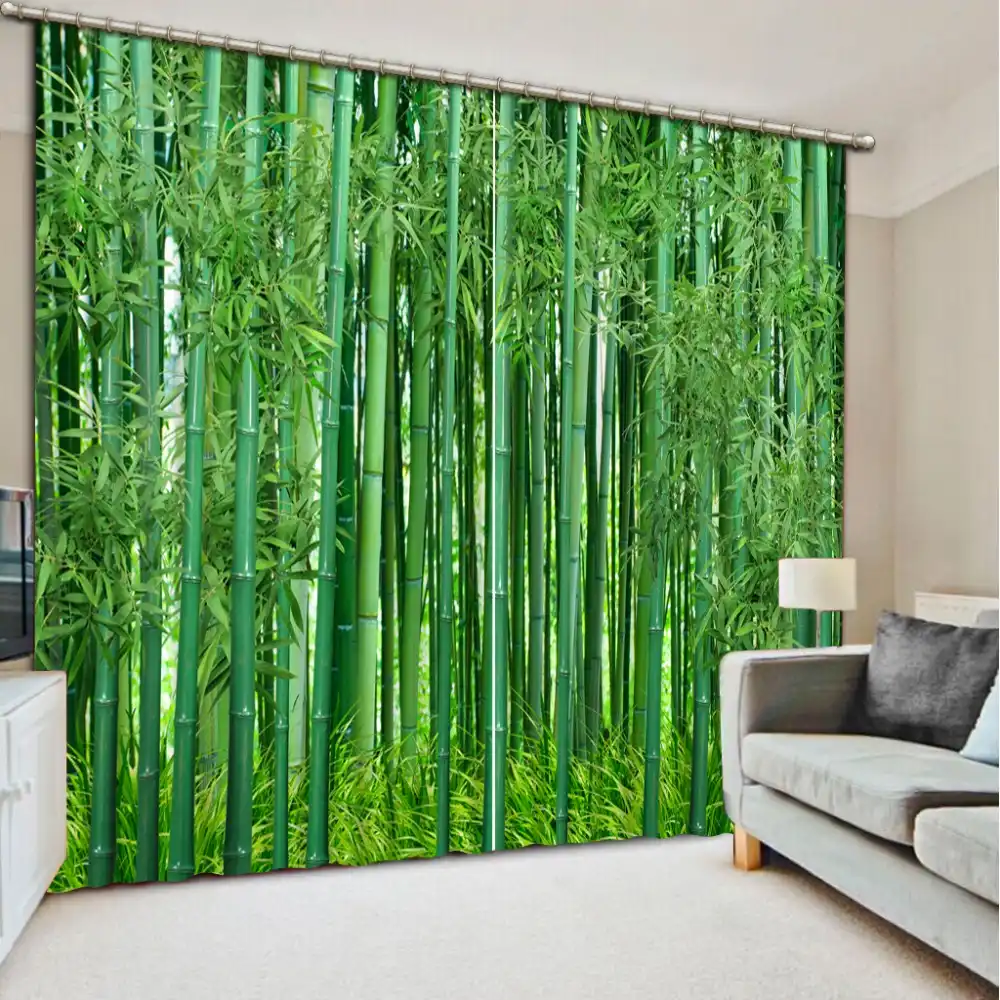 Green Bamboo Forest Blackout Window Drapes Luxury Modern Curtains