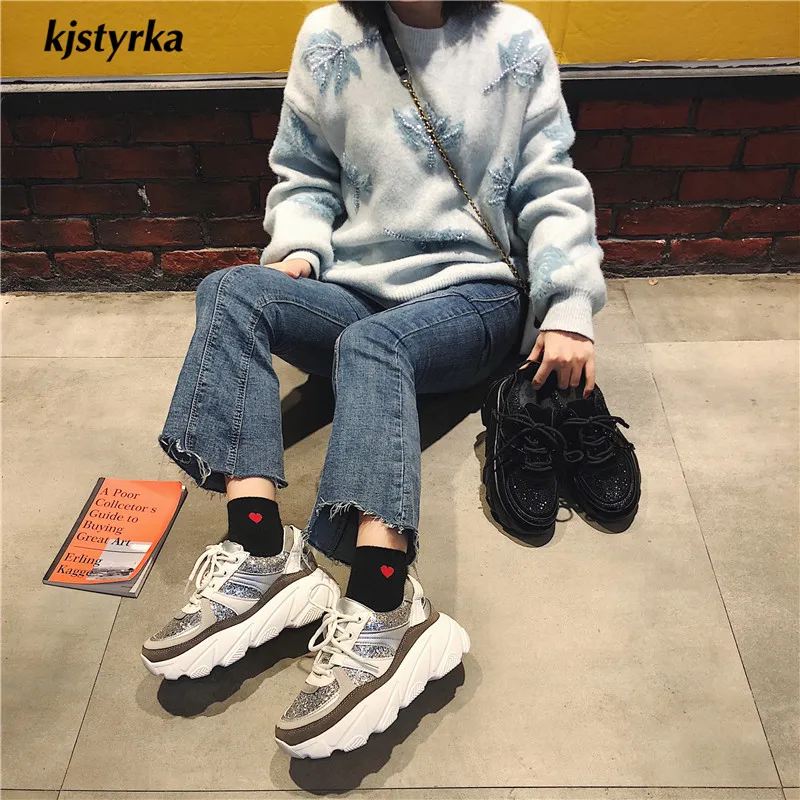 Kjstyrka/Коллекция года; модные кроссовки; женские кроссовки; basket femme blings; разноцветные женские туфли на танкетке с толстой подошвой
