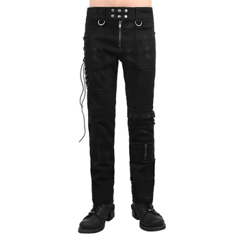 

Punk Men Black Pants Gothic Zipper Bandage Motorcycle Trousers Pants Side Lace-up Slim-fitting Cotton Skinny Pants
