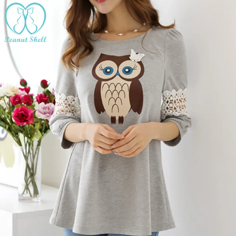 

805# Hollow Out Lace Sleeve Owl Printed Maternity T-shirts 2017 Summer T Shirts Clothes for Pregnant Women Pregnancy Tunic Tops