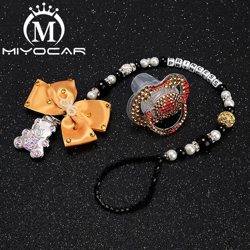 

MIYOCAR personalized name bling bear pacifier clip pacifier holder with bling red crown pacifier set unique gift SP012