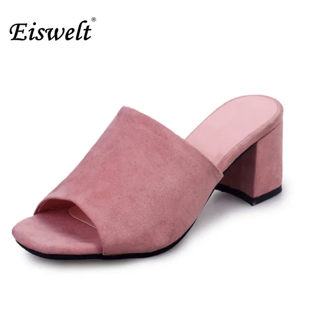 Eiswelt Flock Summer Sandals Women Simple Square Peep-toe Slides Thick Heel Summer Shoes For Woman#GMJ1