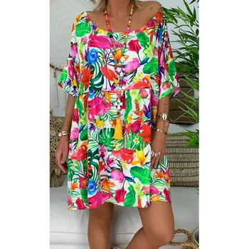 

Short Sleeve Loose Dress 2019 Summer O Neck Boho Beach Dresses Women Casual Leopard Print A-line Midi Dress Plus Size S-5XL