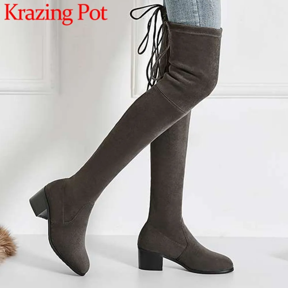 

High street fashion solid thigh high boots big size round toe bowtie high heels stretch fabric stretch over-the-knee Boots L5f8