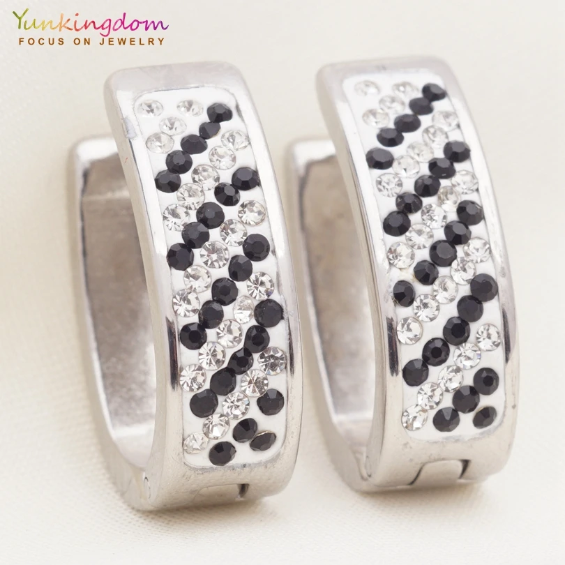 

Yunkingdom fashion punk style black clear crystal earrings stainless steel hoop earrings for women UE0318