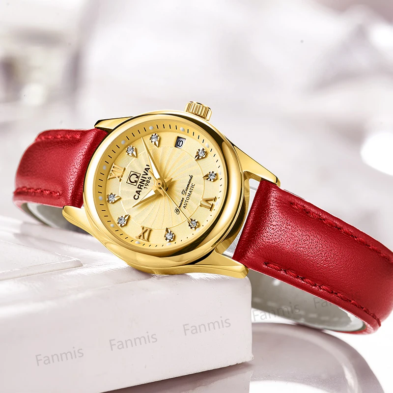 

Carnival Mechanical Watch Women Sapphire Red Leather Strap Waterproof Ladies Gold Wristwatch Windmill Relogio Feminino