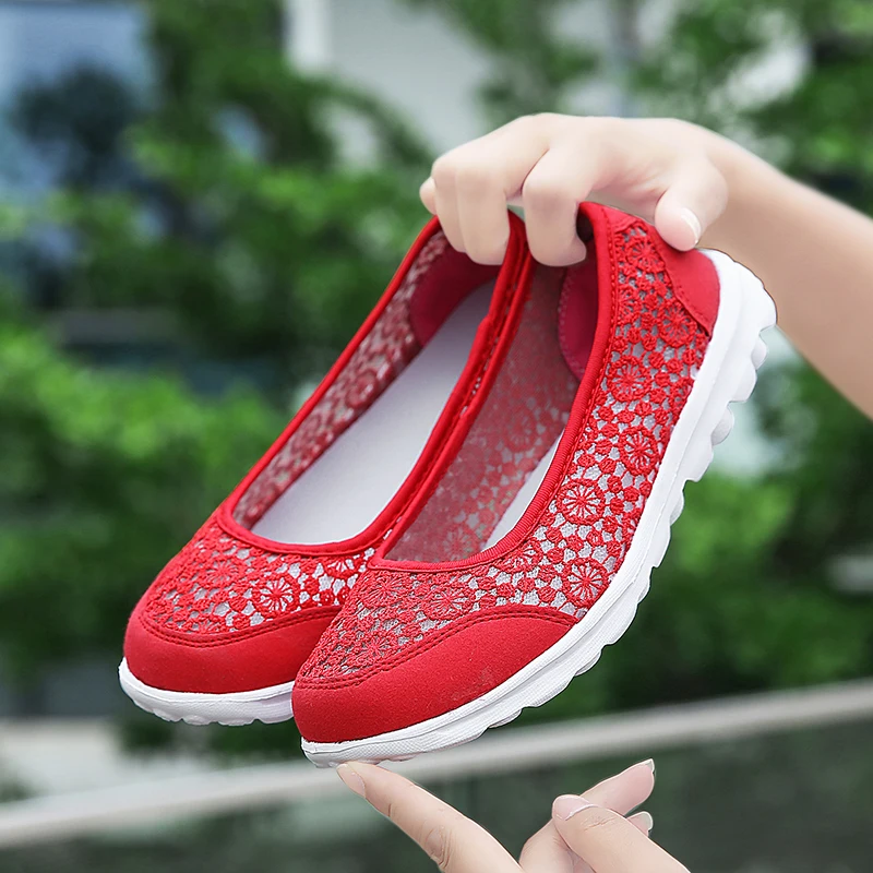 Summer  Woman  Zapatos Mujer Lace Breathable Lace light Weight Walking Shoes Loafer Sneaker Sport Shoes Adult Black Color 