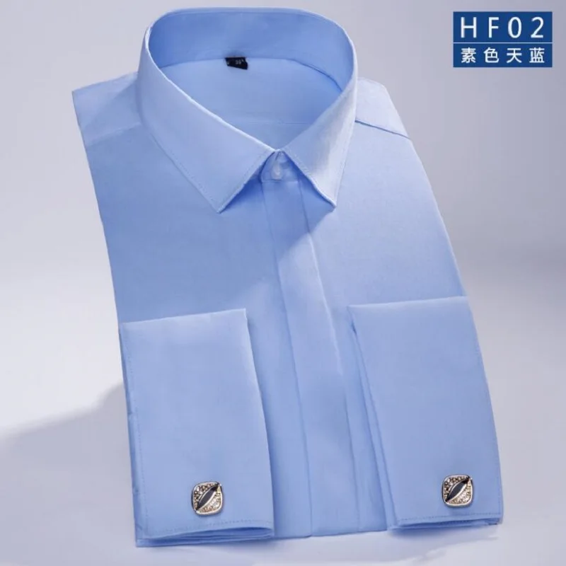 Мужская летняя рубашка из мерсеризованного хлопка, мужские французские запонки, мужская рубашка с длинным рукавом, деловая Свадебная рубашка с пуговицами - Цвет: HF02