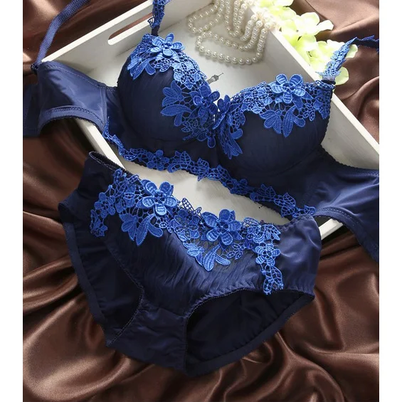 

Free shipping 2017 new chiffon embroidered lace bra set girls sexy lingerie push up panties bra & brief underwear set blue red