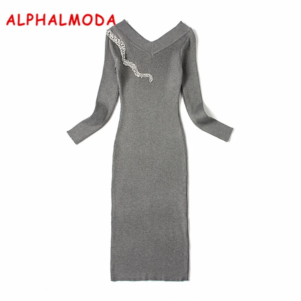 ALPHALMODA 2017 рождественское женское Элегантное трикотажное платье с кристаллами v