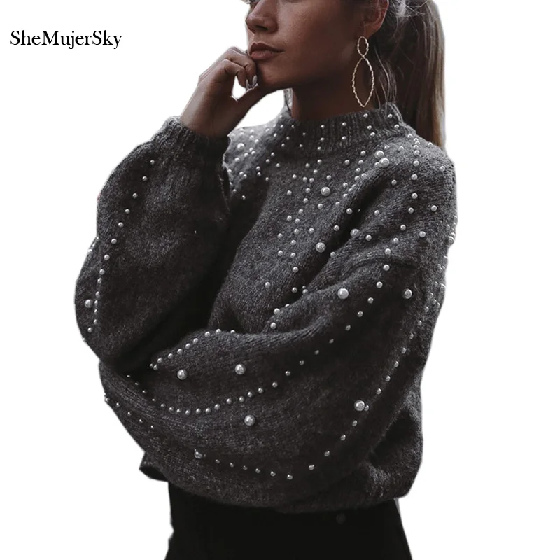 Goedkoop SheMujerSky Vrouwen Kralen Truien Gebreide Trui Solid Herfst Winter Tops Trui Jumpers sweters vrouwen invierno 2018