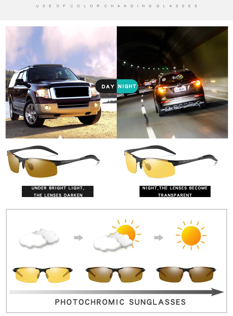 BENZEN качественные фотохромные солнцезащитные очки, поляризованные очки ночного видения, мужские очки Al-Mg, желтые очки для вождения, спортивные очки