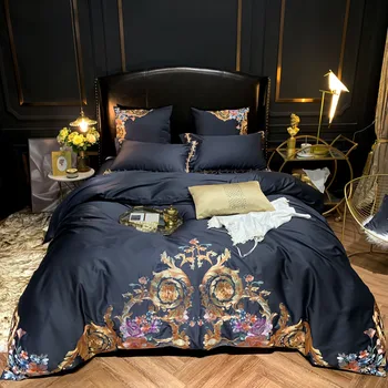 

Ultra Soft Egyptian Cotton Navy Blue Bedding set Queen King size 4/7PCS Premium Embroidery Duvet cover Bed Sheet Pillow shams