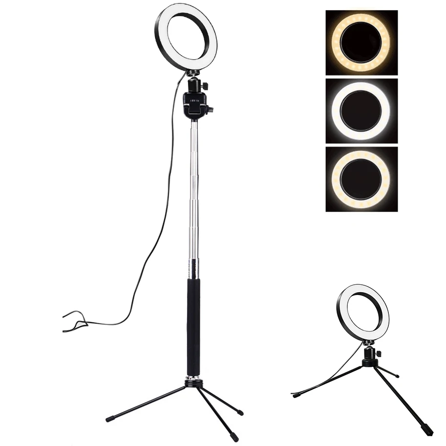 Фото Dimmable светодиодный селфи кольцо свет с штативами палка заполняющий для