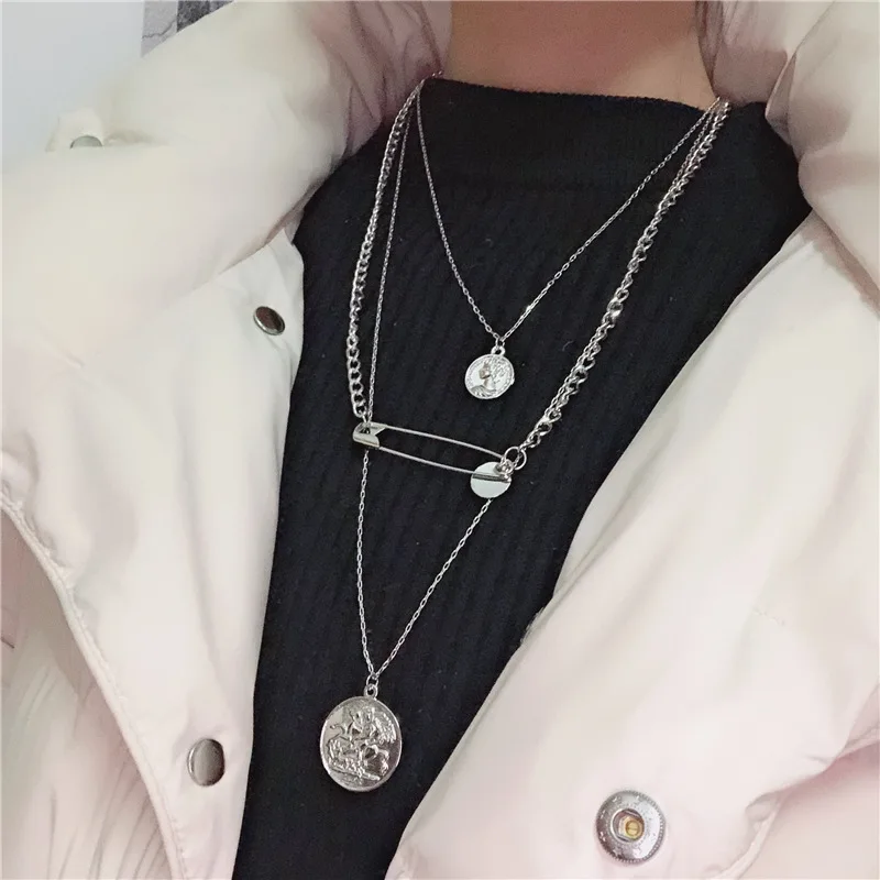 

2019 Multilayer Choker Necklace Coins Pins rock Statement Necklace for Women hip hop Jewelry collier femme Sweater Chain Jewelry