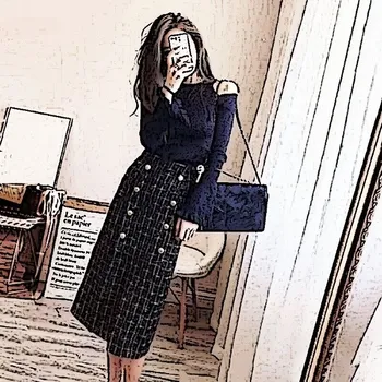

New Autumn Winter Knit Sweater And Tweed Skirt Two Piece Sets Casual Elegant Women Double-Breasted Flare Sleeve Mid Suits
