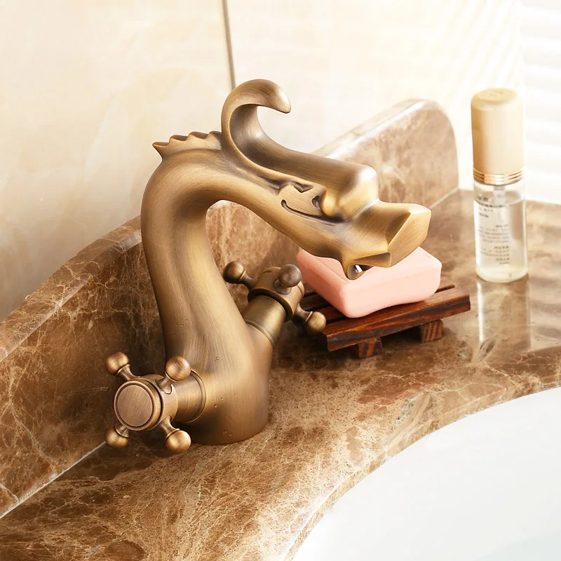 Luxury Dual Handle Dragon Basin Faucet Deck Mount Bathroom Vanity Sink Mixer Taps Antique Brass Finish