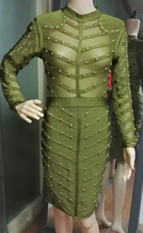 army-green-black-light-blue-pink-long-sleeve-mesh-sexy-party-women-beading-bandage-Dress